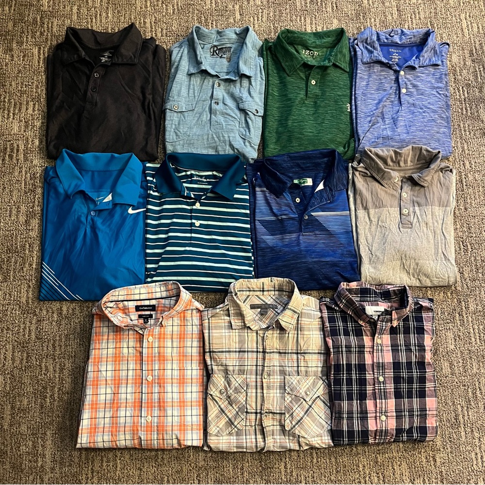 Bundle of men’s size Medium Polos and short sleeve button downs, 11 shirts